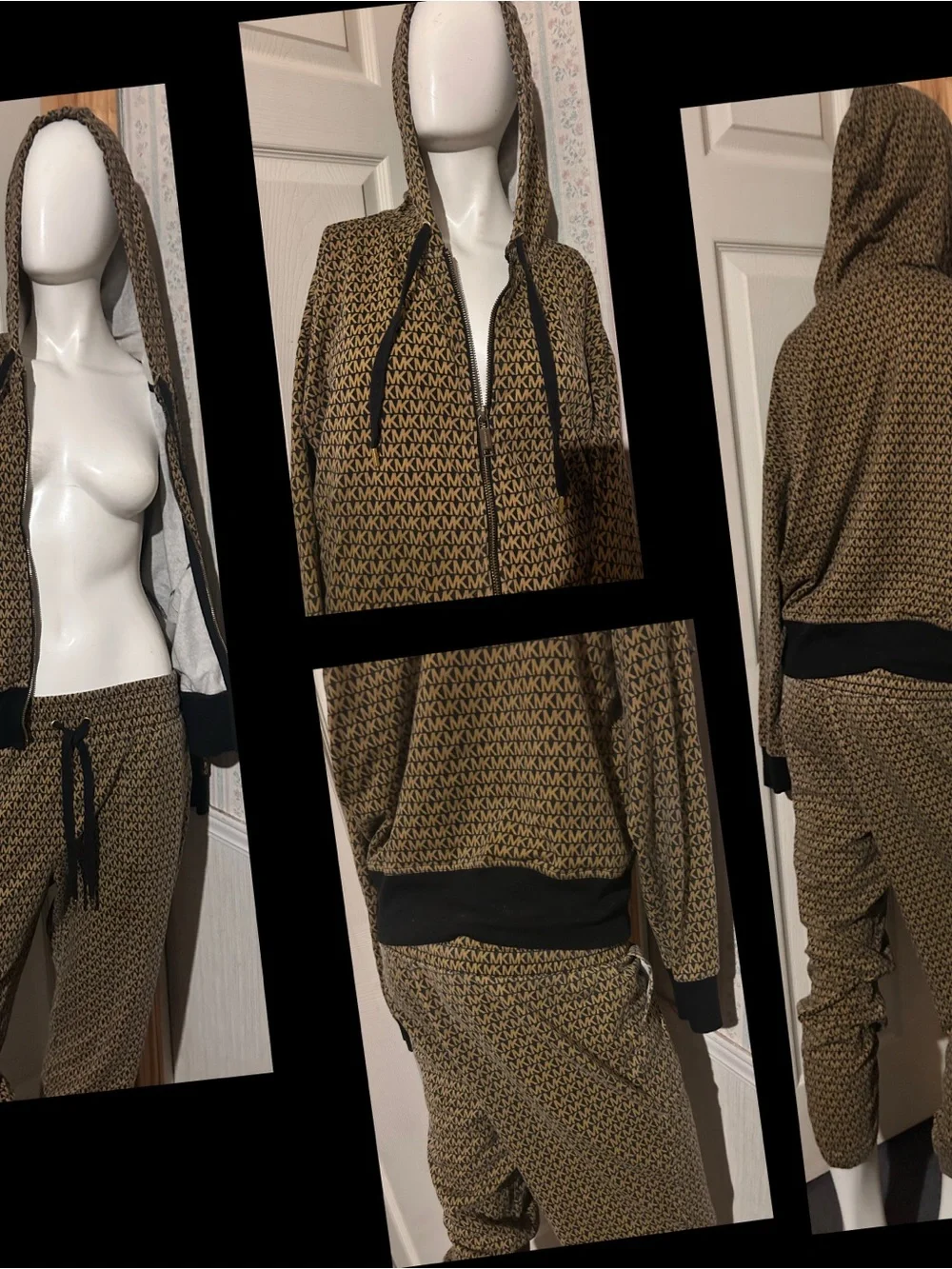 Michael Kors Black/Tan Patterned Hooded Jumpsuit with Black Accents